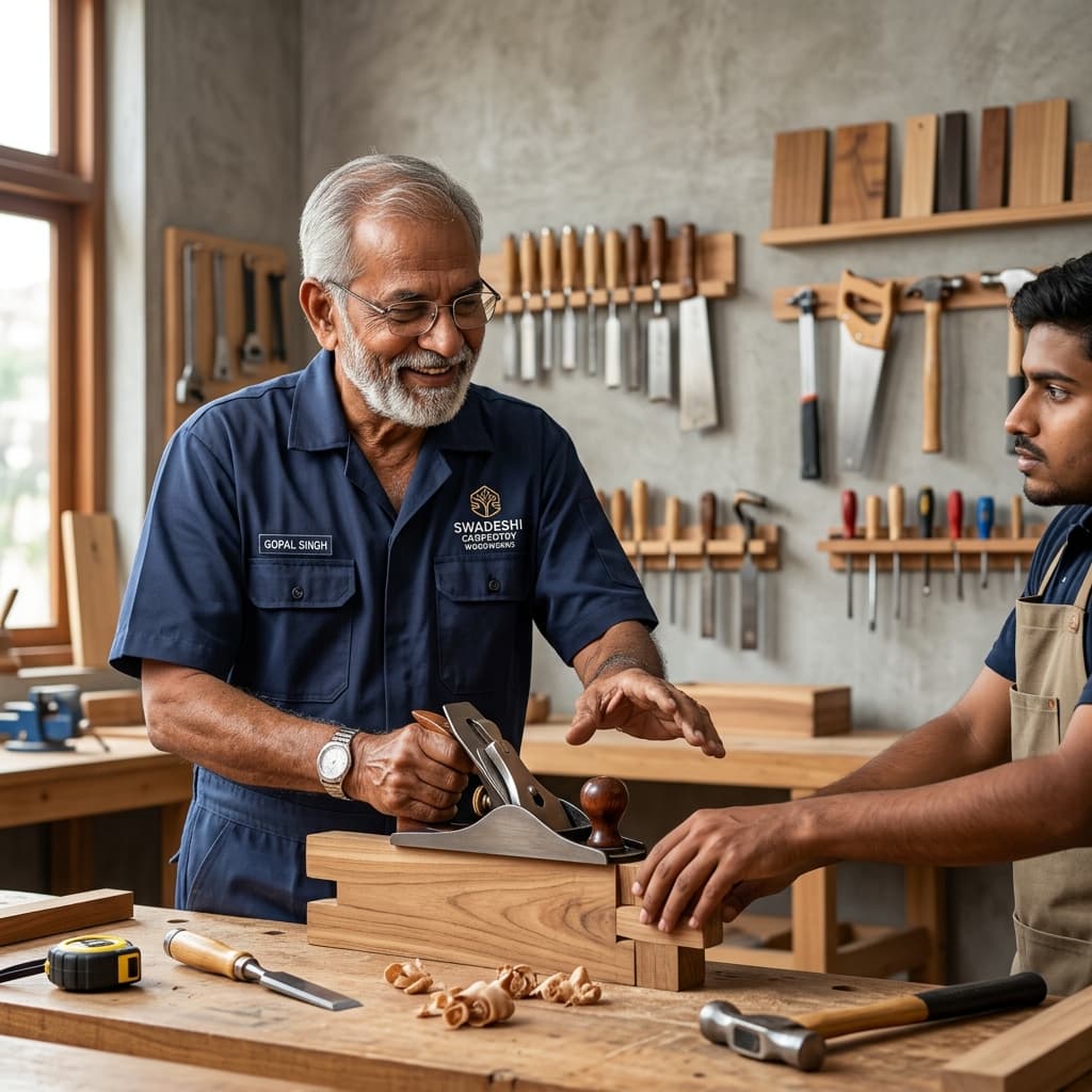 An elderly Indian carpenter woodworking