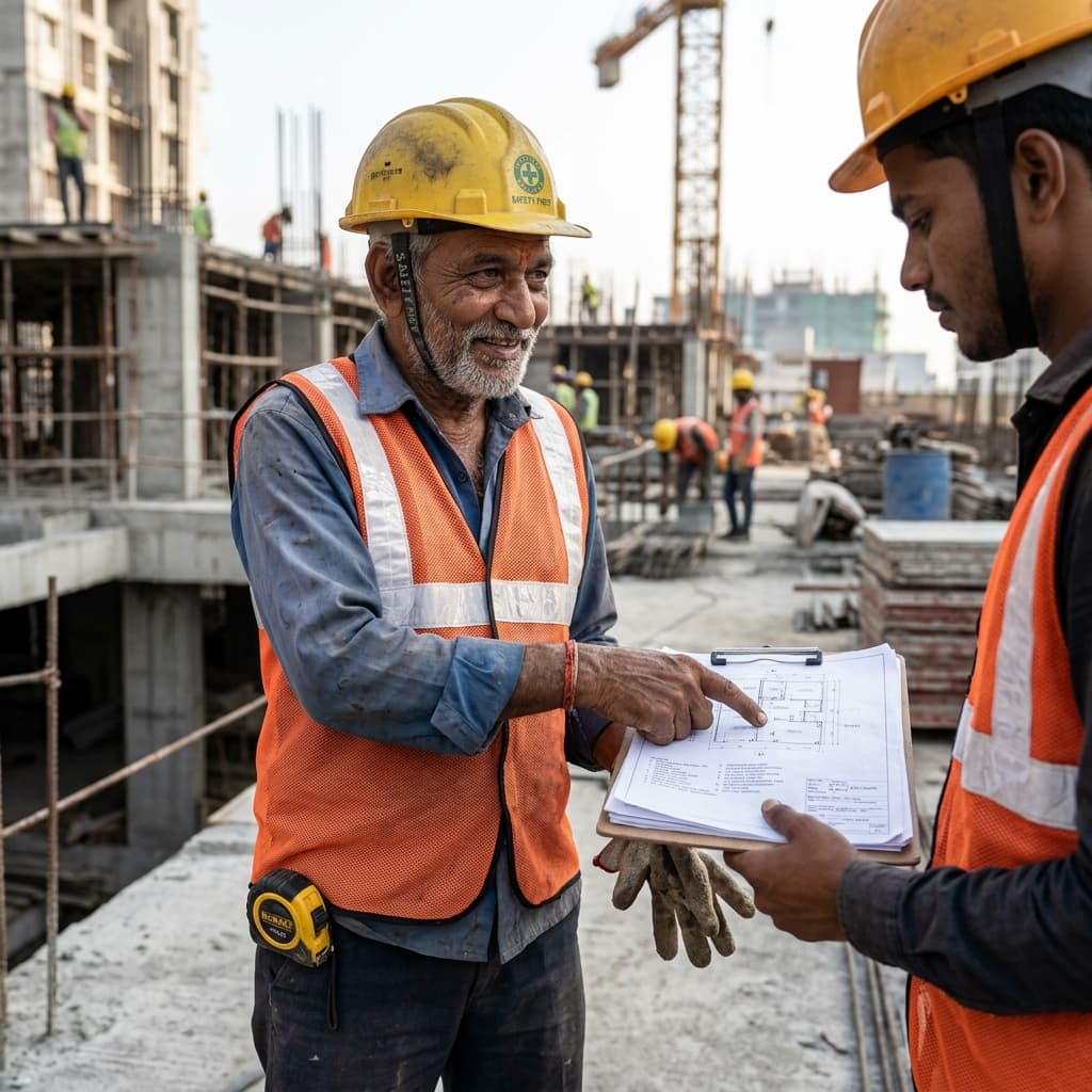 An elderly Indian construction worker